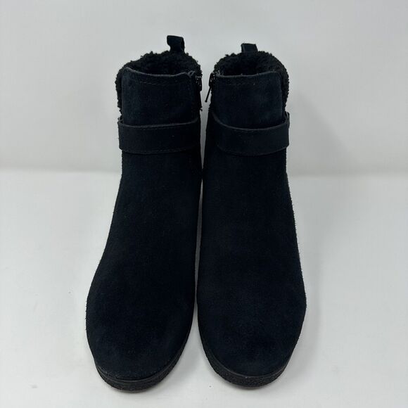 Lands End Womens Black Suede Booties 10W Fleece Lined Ankle Boots Side Buckle - Picture 4 of 13